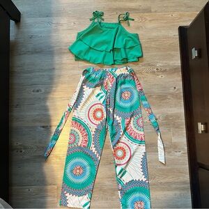 Green and Multicolor Girls Jumpsuit